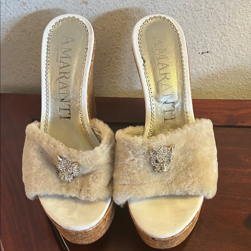 Amaranti Beige Fur Slide Sandals with Crystal Accent